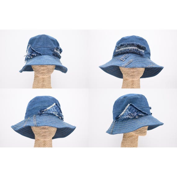 Inside out frayed denim bucket hat UNISEX! Distressed Denim Bucket Hats Frayed Jean Ripped Hole Fringe  main image 4
