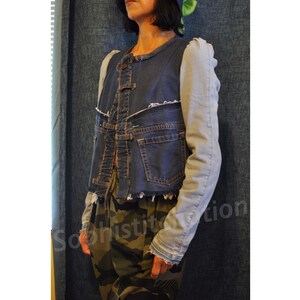 Contrast Color Upcycled Womens Cropped Denim Jacket With Fray Edges And Two Patch Pockets Size Extra Small Size 4 Size 2 Size 0