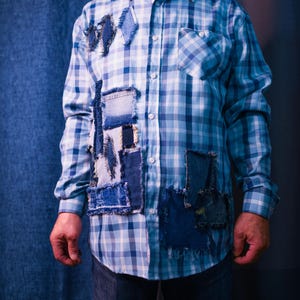 Handmade Frayed Edges Denim Patches Light Blue Navy And White Plaid Men&#39;s Shirt With One Chest Pocket Only ONE Size L
