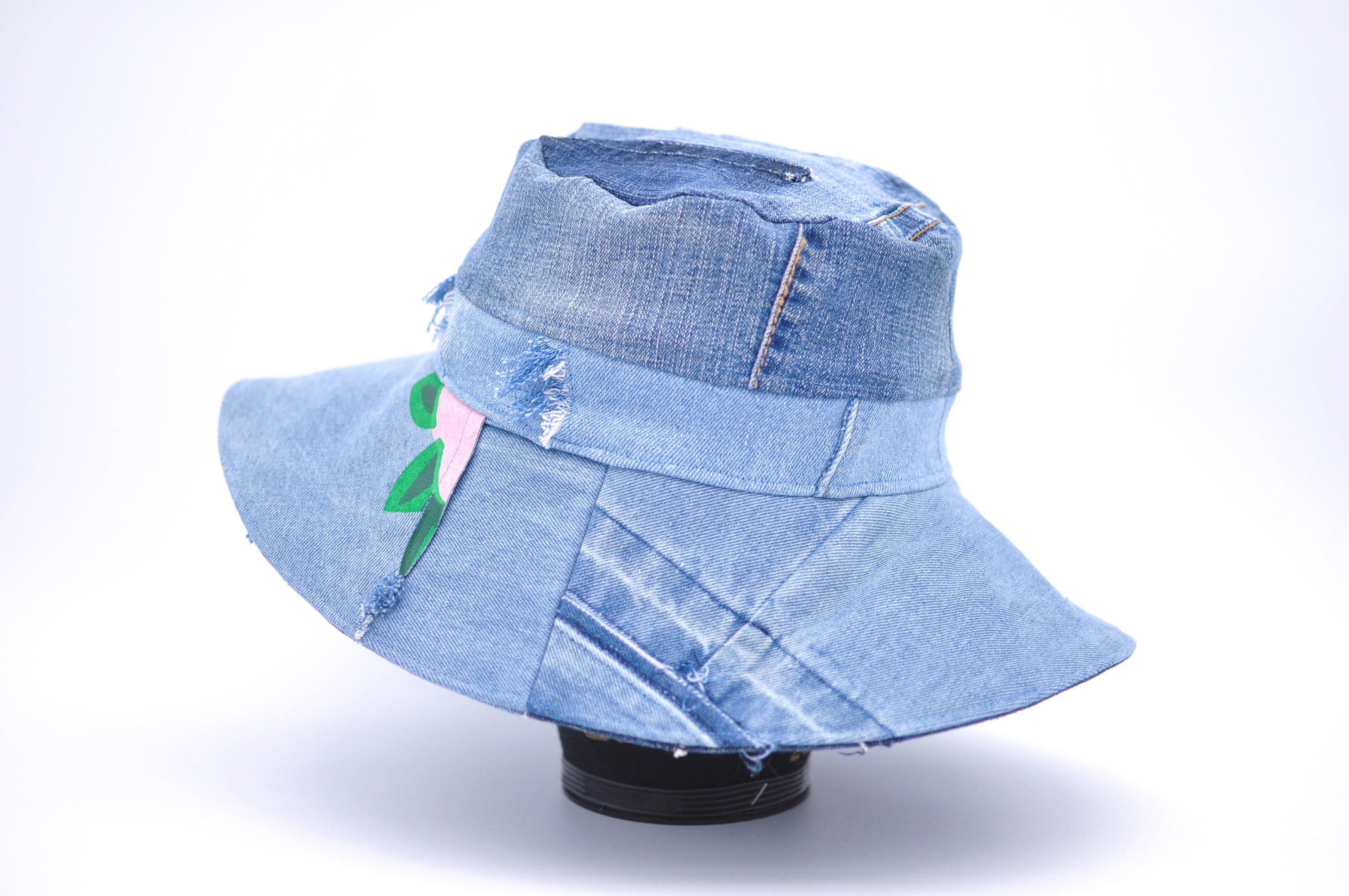 Upcycled Denim + Canvas Hand-Painted Floral Adjustable Sun Hat Floral Embroidery Denim Cowboy Hat, Sunflower Embroiderey  main image 2