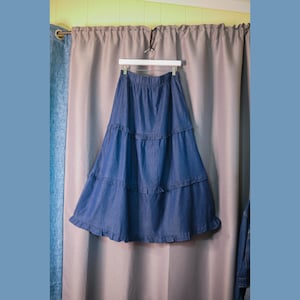 Navy Cotton Denim Tiered Long Skirt With Ruffles And Elastic Waist (XL/1X)