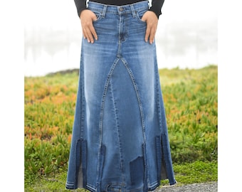 Upcycled Denim Long Skirt with Ruffles - One of a Kind - Size Medium