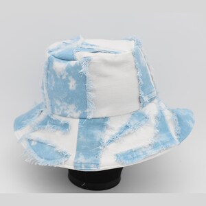 Handmade 4-Way-Wear Cute Peaceful Sky And Cloud Frayed Edges Patchwork Denim Bucket Hat Upcycled Only ONE One Size 23&quot;