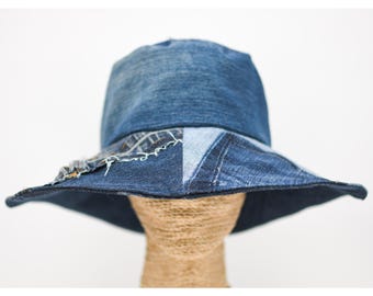 Upcycled Patchwork Denim Sun Hat: Handmade Wide Brim, Multi-Color