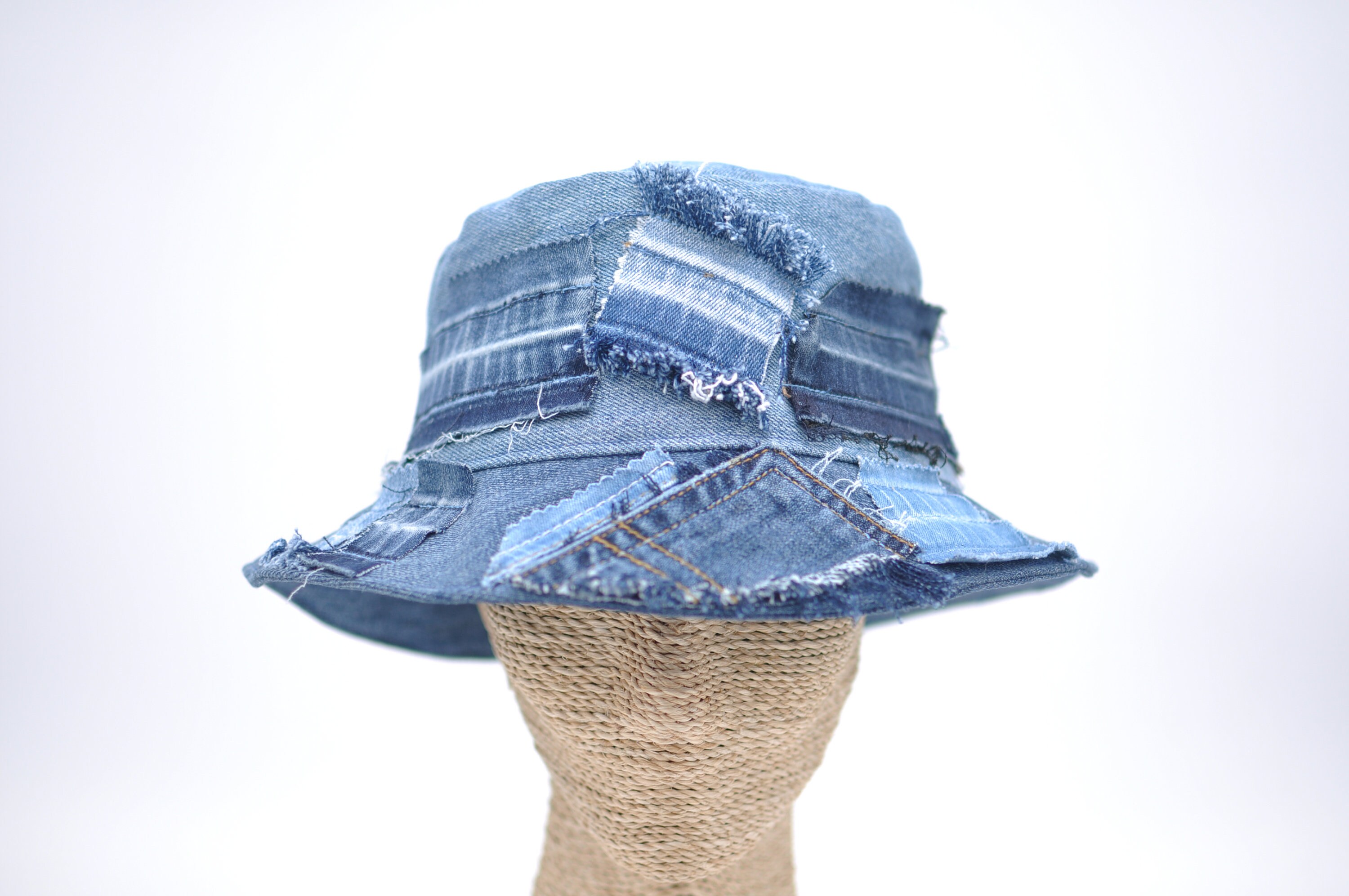 Handmade Denim‎ Embroidered Upcycled Rose Patched Unique Bucket Hat Blue L/XL EyeLoveLu Smiley Face Reversible Bucket Hat – Hand  main image 3