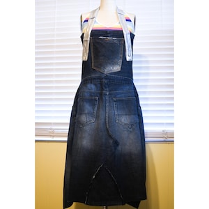 Unisex Utility Upcycled Navy Denim Apron With Silver Color Faux Leather Strap And Three Pockets Women 2X 3X 4X 5X Men L xl xxl xxxl