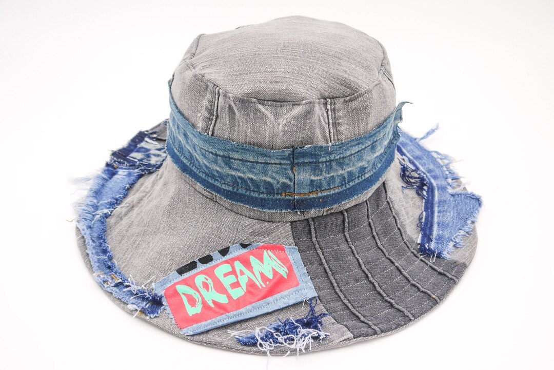 Upcycled Denim Patchwork Sun Hat: Wide Brim Floppy Hat, Fits  display picture 1