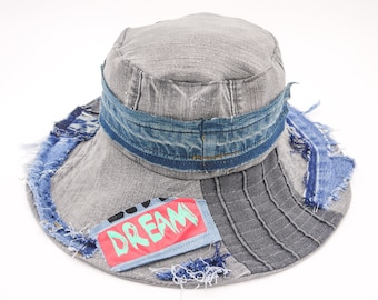 Upcycled Denim Patchwork Sun Hat: Wide Brim Floppy Hat, Fits Up To 23"