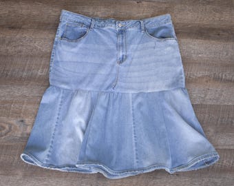 Upcycled Denim Short Skirt: Handmade Gathered Jean Skirt, Size XL