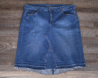 Upcycled Denim Skirt: Handmade Mid Length Frayed Hem, Size 2X