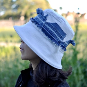 Handmade 1 Of 1 4-Way-Wear White Bucket Hat With Frayed Edges Embellishment Upcycled Only ONE Up To 23 &quot; Head Circumference