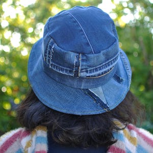 1 Of 1 4-Way-Wear Upcycled Unisex Denim Bucket Hat Hip Pop Dance Hat One Size Up To 23” Head Circumference With Some Acid Wash