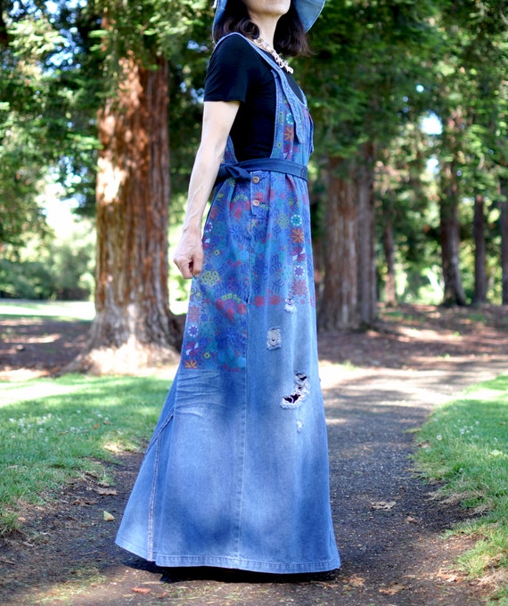 Handmade Upcycled Denim Maxi Dress: Colorful Floral Print, Plus Size