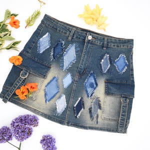 Handmade Denim Skirt Short Skirt With Distressed &#39;Diamonds&#39; And Four Pockets Size M