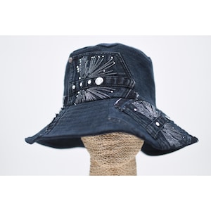 Upcycled Denim Bucket Hat: Navy Blue, Bling Embroidery, One-of-a-Kind