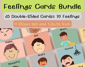 May include: A set of 35 double-sided cards featuring illustrations of children expressing different emotions. The cards are designed to help children learn about and identify their feelings. The cards are available in two sizes: 6x5 inches and 1.5x1.5 inches.