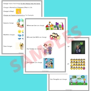 3 sample images of pages from the coping with change social story. Each page has engaging visuals and simple text describing to reader how to cope with change effectively.