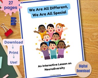 Peut inclure: Document imprimable blanc avec le texte « We Are All Different, We Are All Special » et « An Interactive Lesson on Neurodiversity ». La couverture présente une illustration de dessins animés d'enfants divers. Comprend le texte « 27 pages » et « Téléchargement numérique ».