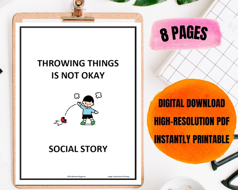 Może przedstawiać: Czarno-biała ilustracja dziecka rzucającego czerwonym przedmiotem. Na stronie wydrukowano tekst "THROWING THINGS IS NOT OKAY" i "SOCIAL STORY". Obrazek jest częścią 8-stronicowej drukowanej historii społecznej.