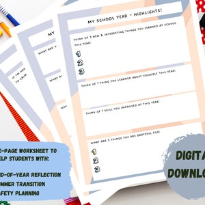 Puede incluir: Una hoja de trabajo de tres páginas diseñada para ayudar a los estudiantes a reflexionar sobre su año escolar. La hoja de trabajo incluye indicaciones para que los estudiantes piensen en lo que han aprendido, por lo que están agradecidos y en las habilidades que han mejorado. La hoja de trabajo se titula "Mi año escolar - Aspectos destacados!" e incluye el texto "Hoja de trabajo de tres páginas para ayudar a los estudiantes con: Reflexión de fin de año, Transición de verano, Planificación de seguridad."
