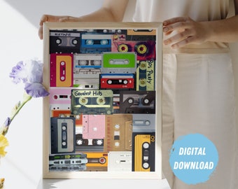 Retro Cassette Tape Art Print: 80s 90s Music Poster (Digital Download)
