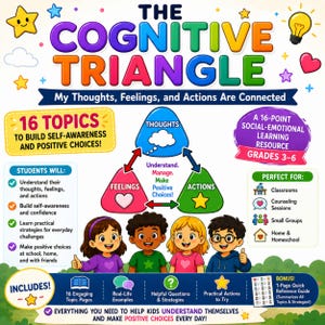 May include: A colorful educational poster titled "The Cognitive Triangle" with text and illustrations. It focuses on self-awareness and positive choices for grades 3-6. Includes topics, examples, and strategies for students to understand their thoughts, feelings, and actions.