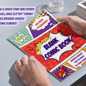 Puede incluir: Una portada de cómic roja, amarilla y azul con el texto "The Super-Duper Blank Comic Book" y "126 pages to illustrate!" La portada presenta varios elementos de cómic, como bocadillos de diálogo, efectos de sonido y un fondo punteado.