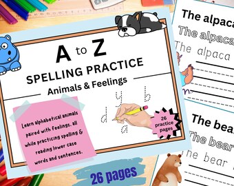 May include: A to Z Spelling Practice Workbook for kids, featuring animals and feelings.  The workbook has 26 practice pages and includes a blue hippo, a black and white dog, and a brown bear.