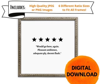 Puede incluir: Una descarga digital de una impresión de arte imprimible con una calificación de cinco estrellas y una cita: "Volvería aquí, de nuevo. Ambiente agradable, equipamiento adecuado, descarga decente."