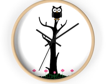 Reloj de pared de madera con búho en el árbol, decoración infantil única