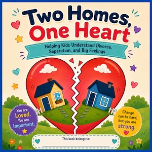 Puede incluir: Portada de libro infantil con el título "Two Homes, One Heart". Muestra un corazón roto con dos casas, una amarilla y otra azul. El texto dice "Helping Kids Understand Divorce, Separation, and Big Feelings".