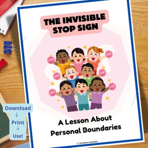 Puede incluir: Un recurso educativo impreso titulado "La Señal de Stop Invisible" con un diseño rosa y blanco. Presenta ilustraciones de niños diversos sosteniendo señales de stop, con el texto "Una Lección Sobre Límites Personales."