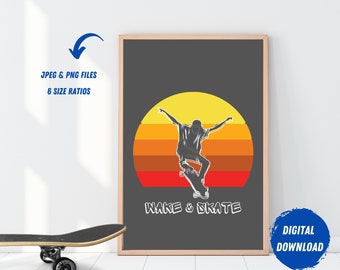 Wake and Skate Poster | Skateboarding Poster | Skateboard Wall Art