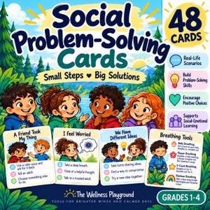 May include: A set of 48 Social Problem-Solving Cards for grades 1-4, featuring illustrations of children and text about real-life scenarios, problem-solving skills, and breathing tools. The box cover displays the title and The Wellness Playground logo.