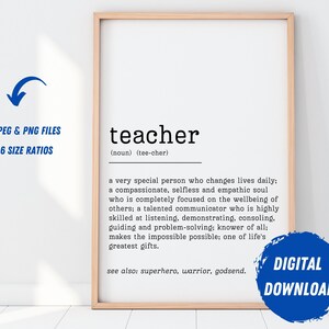 Può includere: Un download digitale stampabile di una definizione per la parola "insegnante". La definizione descrive un insegnante come una persona speciale che cambia la vita ogni giorno. Il testo è in nero su sfondo bianco con una cornice in legno marrone.