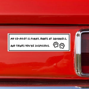 May include: A white rectangular bumper sticker with black text that reads "MY CO-PILOT IS FURRY, BARKS AT SQUIRRELS, AND THINKS YOU'RE SUSPICIOUS." Two paw prints are at the end of the text. The sticker is on a red surface.