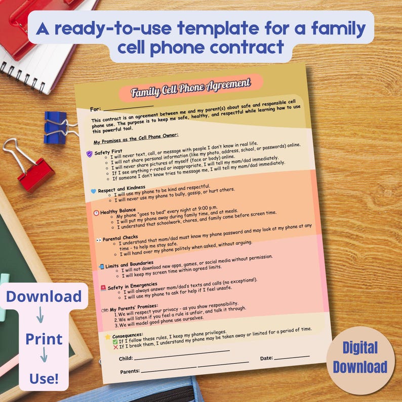 Printable Cell Phone Contract for Kids & Teens: Family Smartphone Rules ...
