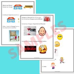 3 sample images of pages from the coping with change social story. Each page has engaging visuals and simple text describing to reader how to cope with change effectively.