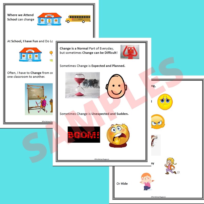 3 sample images of pages from the coping with change social story. Each page has engaging visuals and simple text describing to reader how to cope with change effectively.