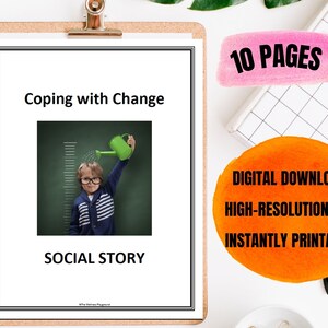 Social story cover with title stating "Coping with Change" accompanied by image of young boy watering himself by holding a watering can over his head.