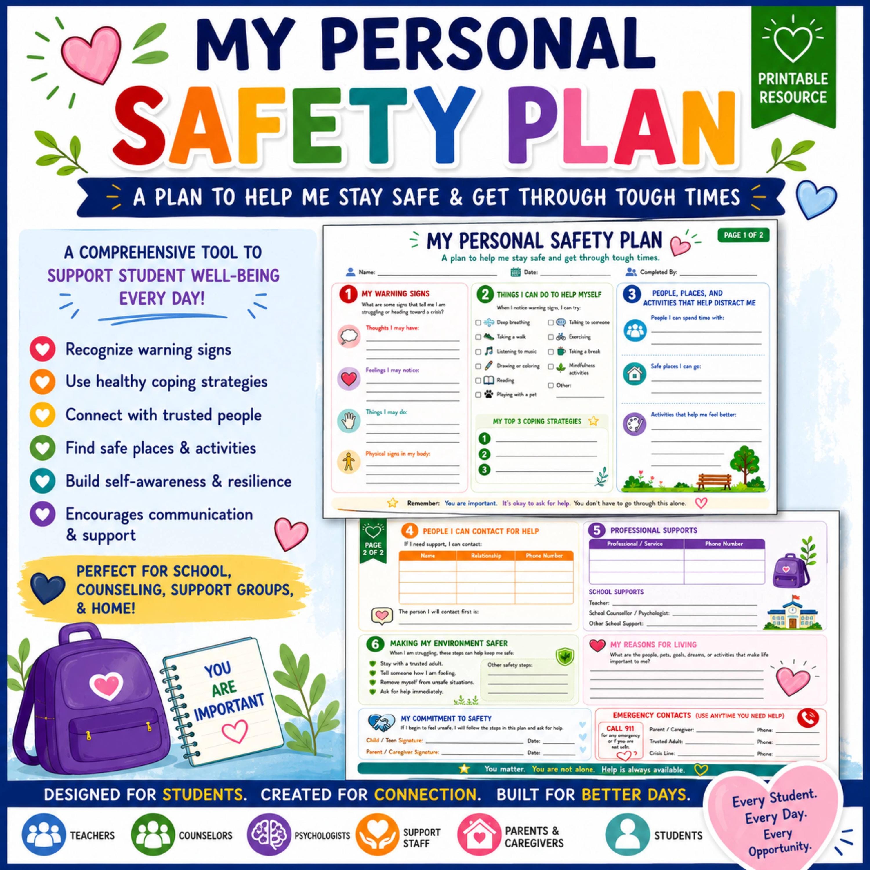 Student Safety Plan Printable | School Counseling Resource | Coping ...