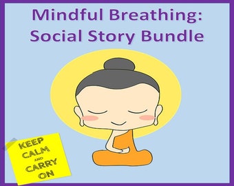 Può includere: Un'illustrazione digitale di un personaggio dei cartoni animati che medita con gli occhi chiusi, indossando una tunica arancione, seduto su un cerchio giallo con il testo "Mindful Breathing: Social Story Bundle" sopra la figura e un post-it giallo con il testo "Keep Calm and Carry On" sotto la figura.