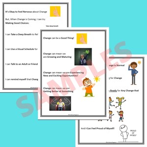 3 sample images of pages from the coping with change social story. Each page has engaging visuals and simple text describing to reader how to cope with change effectively.