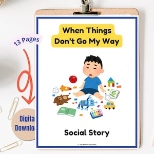 Op de afbeelding: Een sociaal verhaalboek met 13 pagina's met de titel "Wanneer dingen niet gaan zoals ik wil". De omslag toont een illustratie van een kind dat op de grond zit, omringd door speelgoed, en er verdrietig en gefrustreerd uitziet.