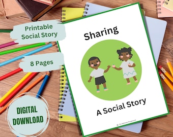 May include: Printable social story for children about sharing, featuring two children sharing an apple. The title is "Sharing: A Social Story" and the text includes "8 Pages" and "Digital Download".