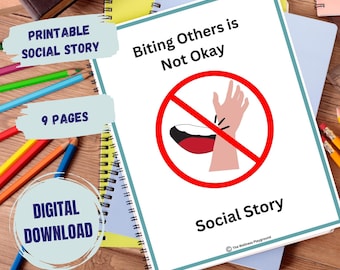 Può includere: Una storia sociale stampabile di 9 pagine sul mordere gli altri. La copertina presenta un cerchio rosso con una linea diagonale che lo attraversa, mostrando una mano che morde un'altra mano. Il testo "Mordere gli altri non va bene" è in cima alla pagina. Il testo "Storia sociale" è in fondo alla pagina.
