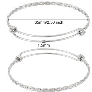 May include: Silver-colored adjustable bangle bracelet. The bracelet has a twisted rope design on the band. The diameter is 2.56 inches (65mm), and the thickness is 1.5mm.