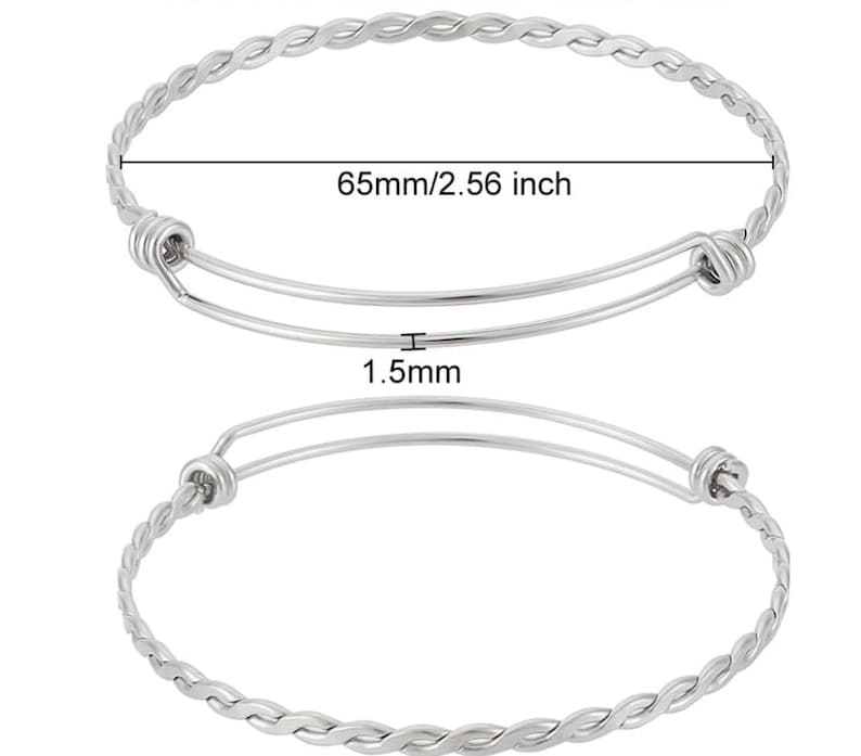 May include: Silver-colored adjustable bangle bracelet. The bracelet has a twisted rope design on the band. The diameter is 2.56 inches (65mm), and the thickness is 1.5mm.