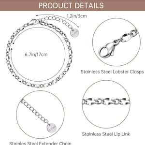 May include: A silver-colored bracelet with a lobster clasp and extender chain. The bracelet is 6.7 inches (17 cm) long with a 1.2 inch (3 cm) extender. The product details include the text "Stainless Steel Lobster Clasps" and "Stainless Steel Lip Link".