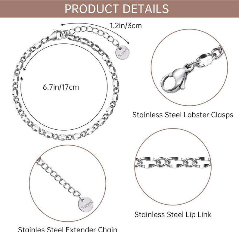 May include: A silver-colored bracelet with a lobster clasp and extender chain. The bracelet is 6.7 inches (17 cm) long with a 1.2 inch (3 cm) extender. The product details include the text "Stainless Steel Lobster Clasps" and "Stainless Steel Lip Link".